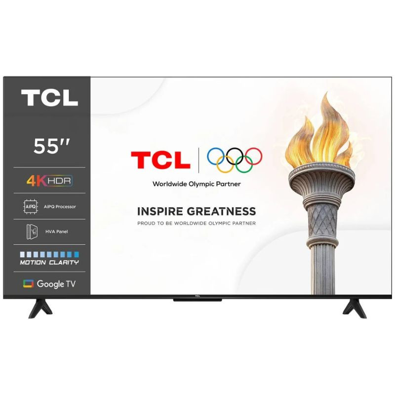 TV TCL 55 55P61K UHD com Google TV, HDR10 e Dolby Audio, cor preta. Tela fina com bordas estreitas e base dupla, visual moderno e elegante. - Item