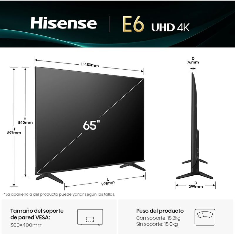 Téléviseur Hisense 65E63QT 65 pouces 4K UHD VA avec Dolby Vision, cadre fin noir, pieds écartés, écran affichant joueurs et logos partenaires Real Madrid - Ítem11