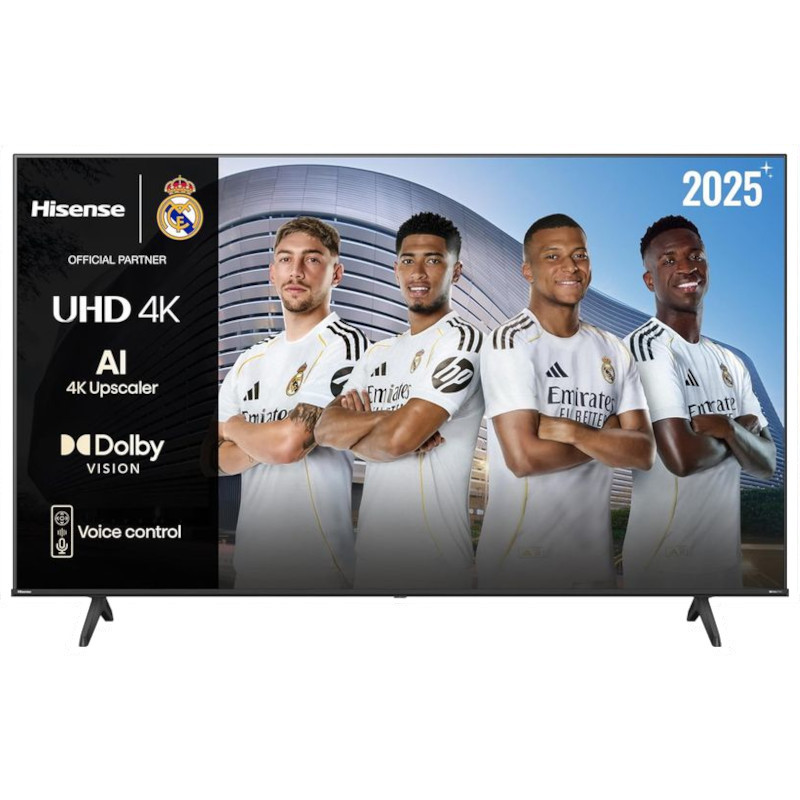 Téléviseur Hisense 65E63QT 65 pouces 4K UHD VA avec Dolby Vision, cadre fin noir, pieds écartés, écran affichant joueurs et logos partenaires Real Madrid - Ítem