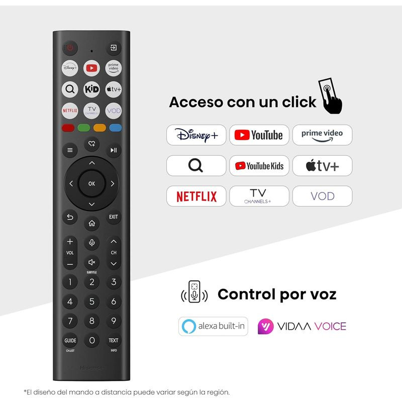 Téléviseur Hisense 65E63QT 65 pouces 4K UHD VA avec Dolby Vision, cadre fin noir, pieds écartés, écran affichant joueurs et logos partenaires Real Madrid - Ítem8