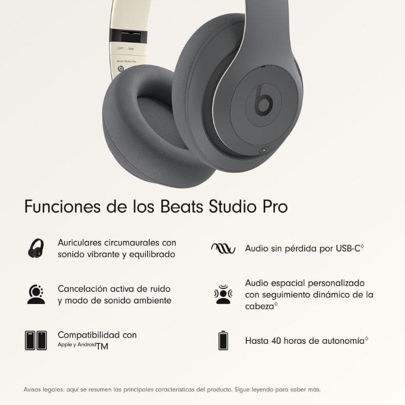 Beats Studio Pro ANC Gris Sable casque Bluetooth circum-aural, design épuré, logo b, coussinets doux, arceau beige, port USB-C, finitions mates