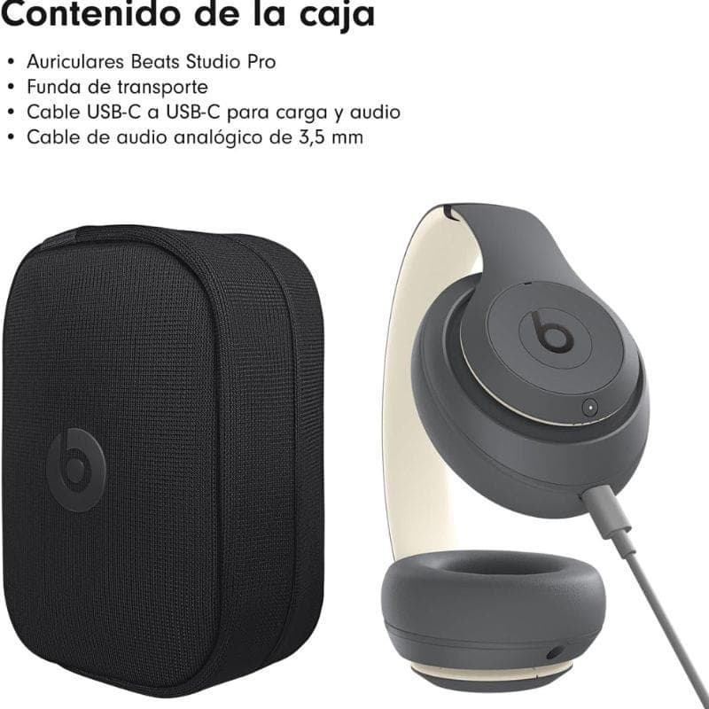 Beats Studio Pro ANC Gris Sable avec coussinets doux, arceau mat et logo b. Boîtier de transport noir inclus, câbles USB‑C et audio 3,5 mm.