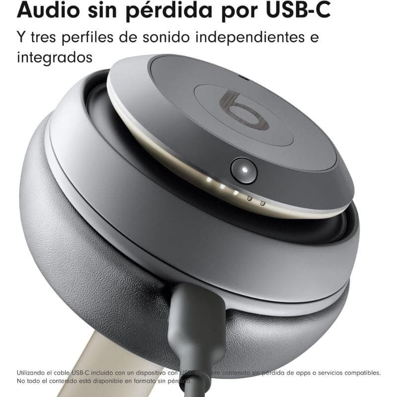 Beats Studio Pro ANC Gris Sable casque Bluetooth avec coque gris mat, coussinets épais, bandeau doré satiné et port USB C pour audio sans perte