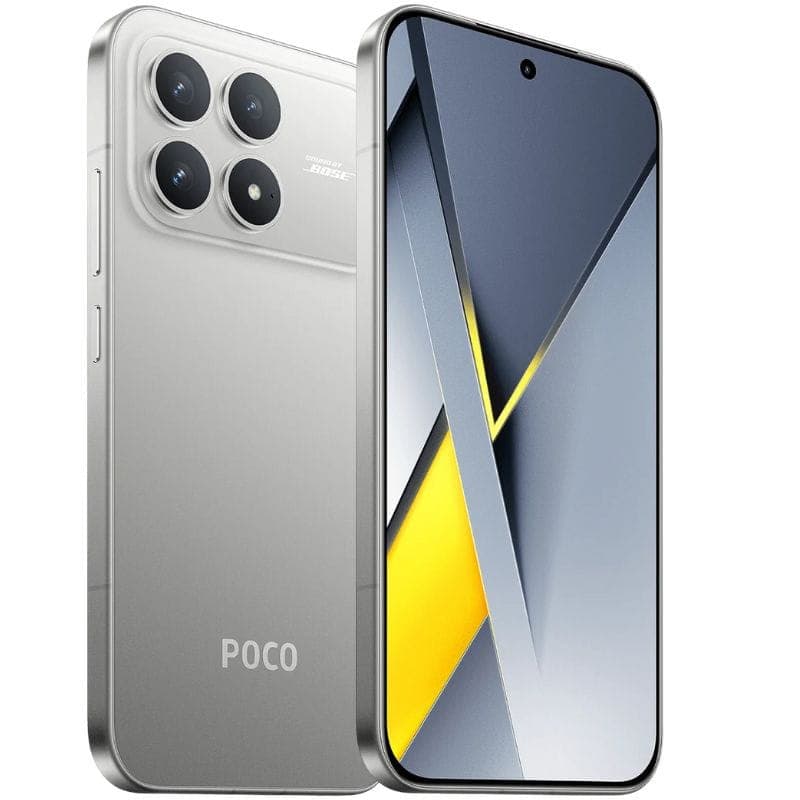 Xiaomi Poco F8 Pro 5G 12GB/512GB Plata con chip Snapdragon 8 Elite en rojo y dorado, logotipo de llama estilizada y tipografía dorada brillante