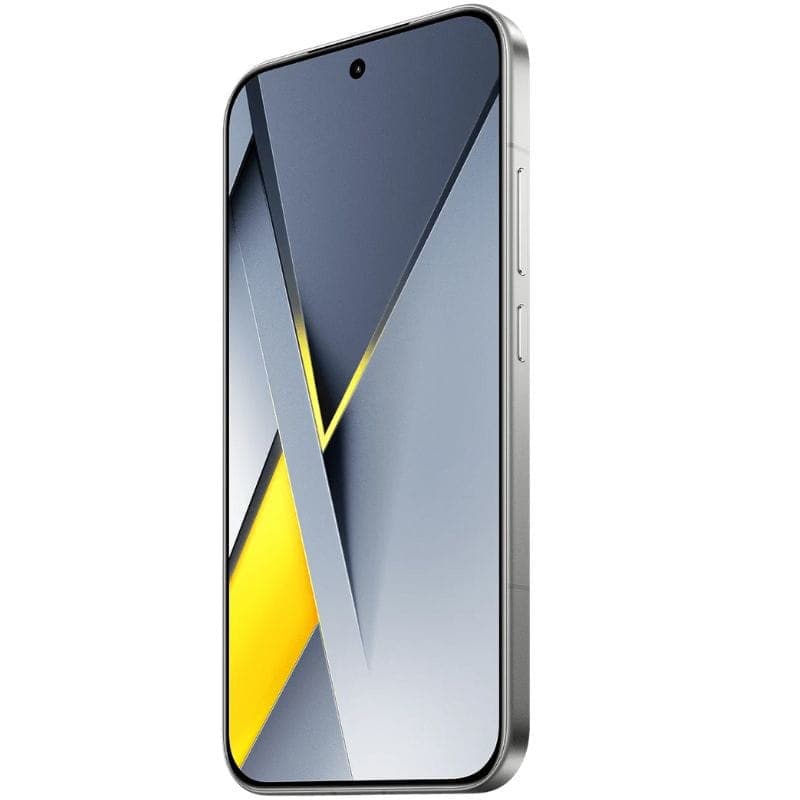 Xiaomi Poco F8 Pro 5G 12GB/512GB Plata con pantalla perforada, bordes rectos y carga inversa por cable USB-C amarillo; diseño metálico plateado elegante.