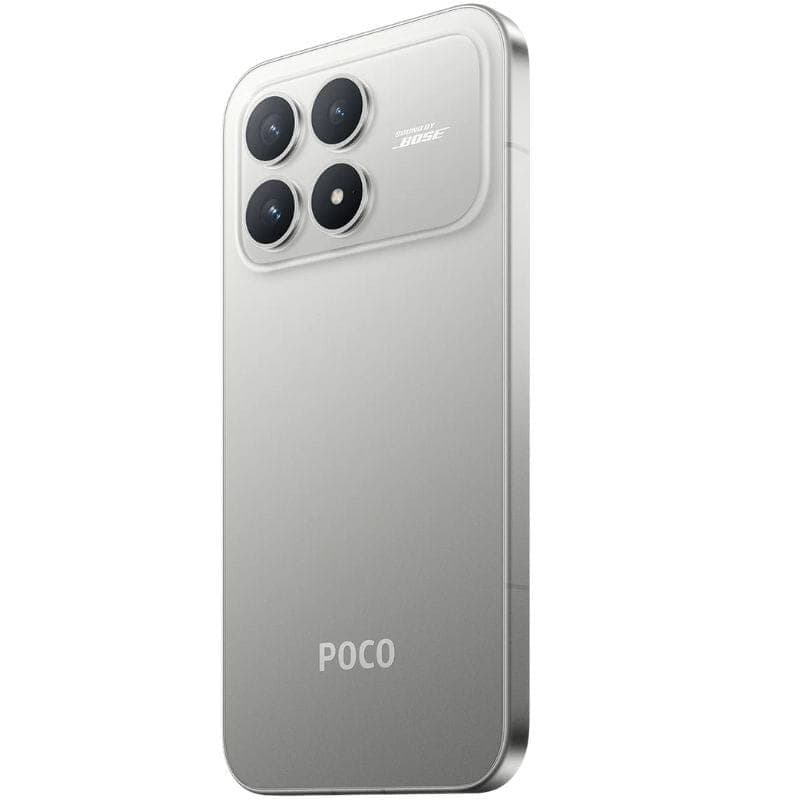 Xiaomi Poco F8 Pro 5G 12GB/512GB Plata con acabado metálico plateado, módulo trasero con cuatro cámaras grandes y detalle Sound by Bose, efecto de