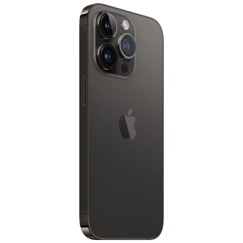 iPhone 14 Pro 128 Go noir reconditionné état premium, dos en verre sombre, cadre acier brillant, triple capteur photo pro avec grand module et flash quadri