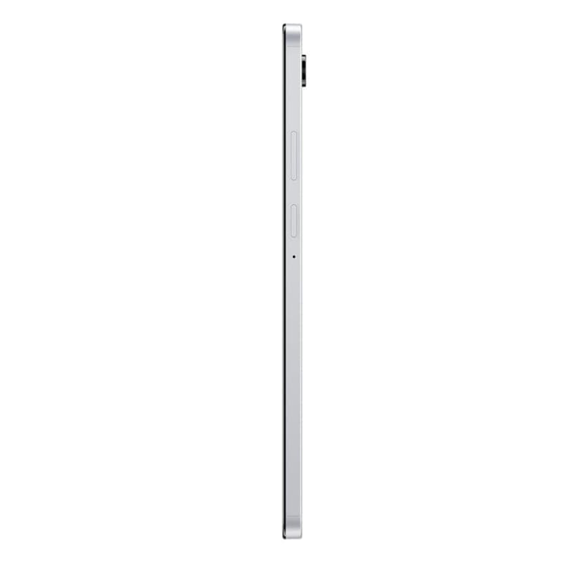 Profil latéral fin en argent de la tablette Samsung Galaxy Tab A11 8,7 avec châssis métal, boutons volume et power visibles, module photo arrière