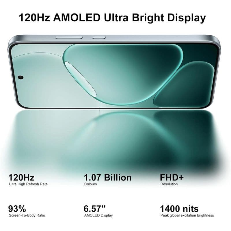 Oppo A6 Pro 5G 8GB/256GB Prata com tela AMOLED 6,57 FHD+, 120Hz, brilho pico 1400 nits, 93% de aproveitamento e cores vibrantes; bordas finas e furo central.