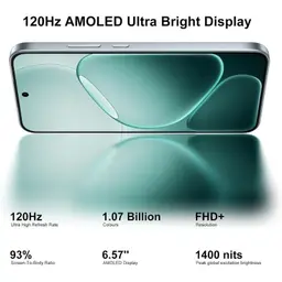 Oppo A6 Pro 5G 8GB/256GB Prata com tela AMOLED 6,57 FHD+, 120Hz, brilho pico 1400 nits, 93% de aproveitamento e cores vibrantes; bordas finas e furo central.