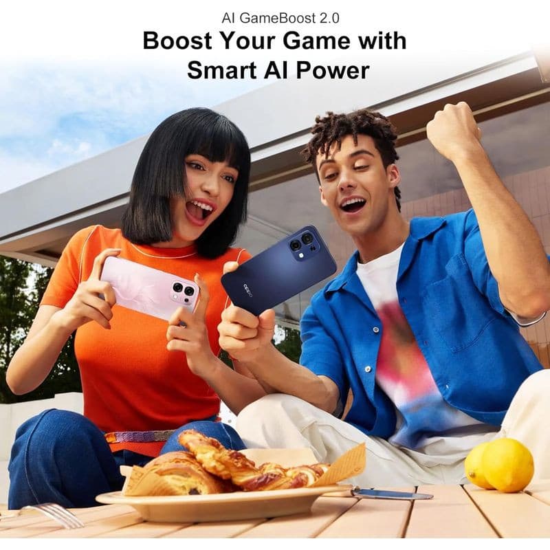 Oppo A6 Pro 5G 8GB/256GB Prata exibido em uso; traseira prateada com módulo de câmera tripla grande e acabamento metálico elegante