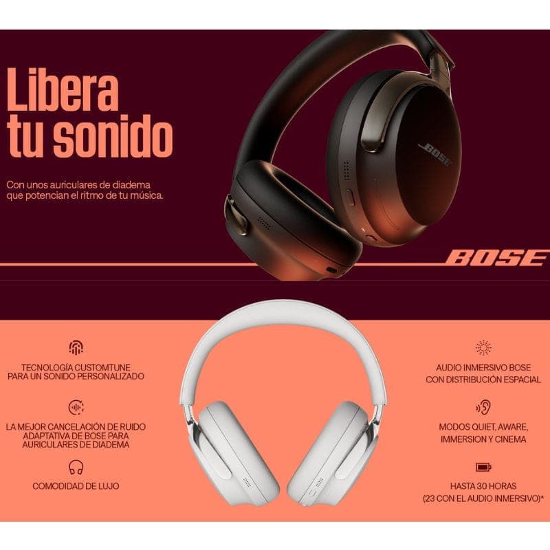Bose QuietComfort Ultra 2 Gen Headphones Blanco con diseño circumaural, almohadillas acolchadas y acabado blanco mate con detalles plateados y logotipo Bose