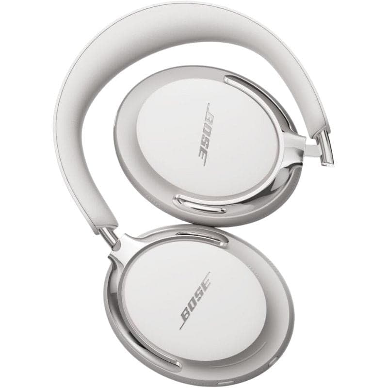 Bose QuietComfort Ultra 2 Gen Blanco sobre oreja con diseño elegante, acolchado suave y diadema curvada; copas grandes blancas con detalles plateados