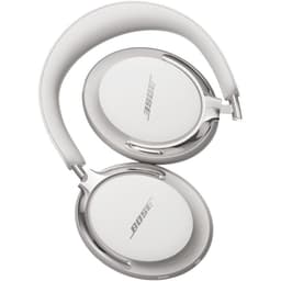 Bose QuietComfort Ultra 2 Gen Blanco sobre oreja con diseño elegante, acolchado suave y diadema curvada; copas grandes blancas con detalles plateados