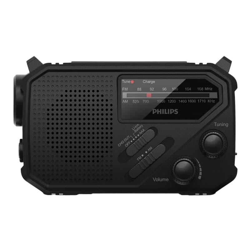 Philips TAR1609/00 radio portable noire avec haut-parleur frontal, molette Tuning, sélecteur AM FM, indicateur de charge et lampe torche intégrée