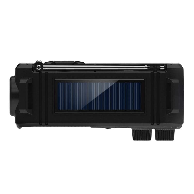 Philips TAR1609/00 radio portable noire avec panneau solaire frontal, deux molettes latérales et poignée intégrée, format compact robuste avec lampe torche