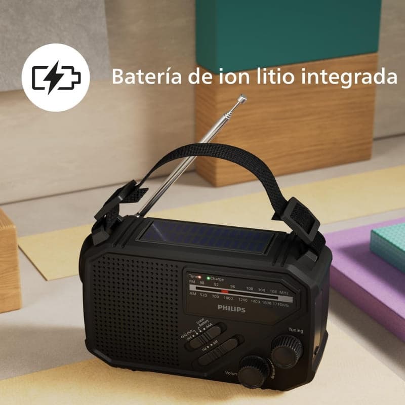 Philips TAR1609/00 radio portable noire avec poignée, antenne télescopique, lampe torche intégrée, cadran analogique et haut‑parleur avant, batterie