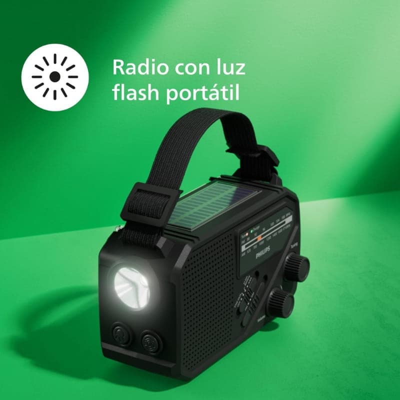 Philips TAR1609/00 radio portable noire avec lampe torche frontale, panneau solaire, manivelle, boutons rotatifs, haut‑parleur et sangle de transport