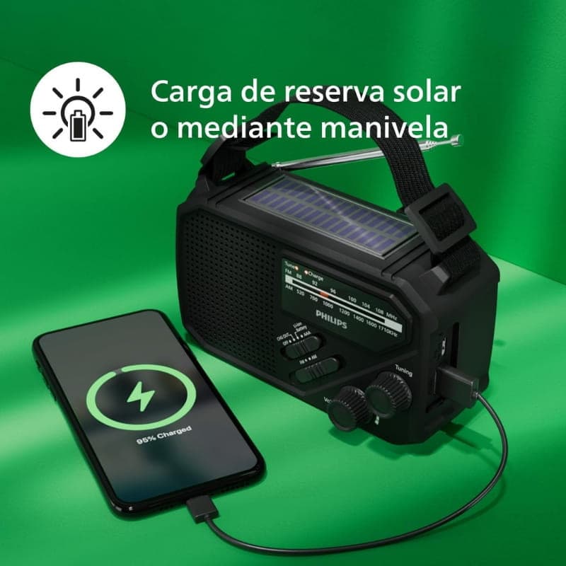 Philips TAR1609/00 radio portable noire avec lampe torche, panneau solaire, manivelle, antenne télescopique, boutonnerie frontale et charge USB pour smartphone