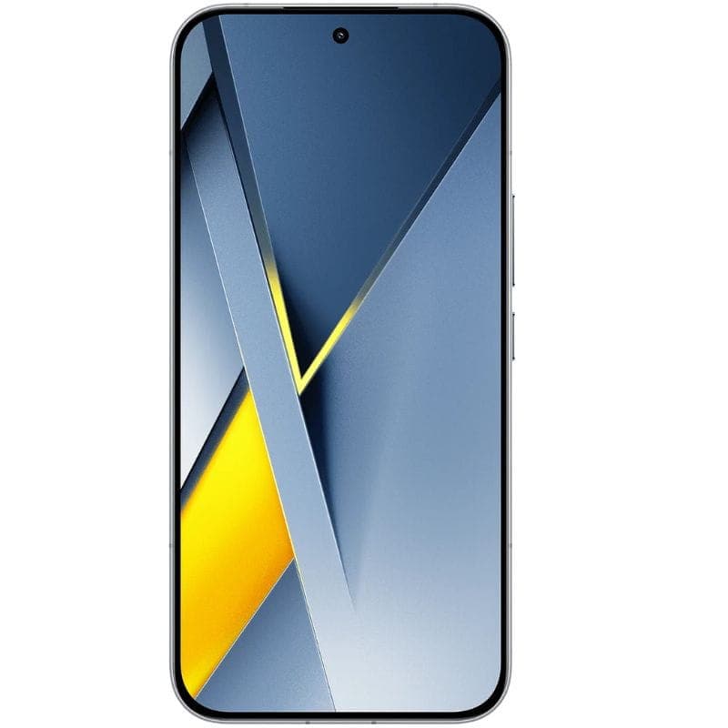 Xiaomi Poco F8 Ultra 5G 16GB/512GB Blue Denim con pantalla casi sin bordes, orificio centrado para la cámara y diseño geométrico en tonos gris y amarillo
