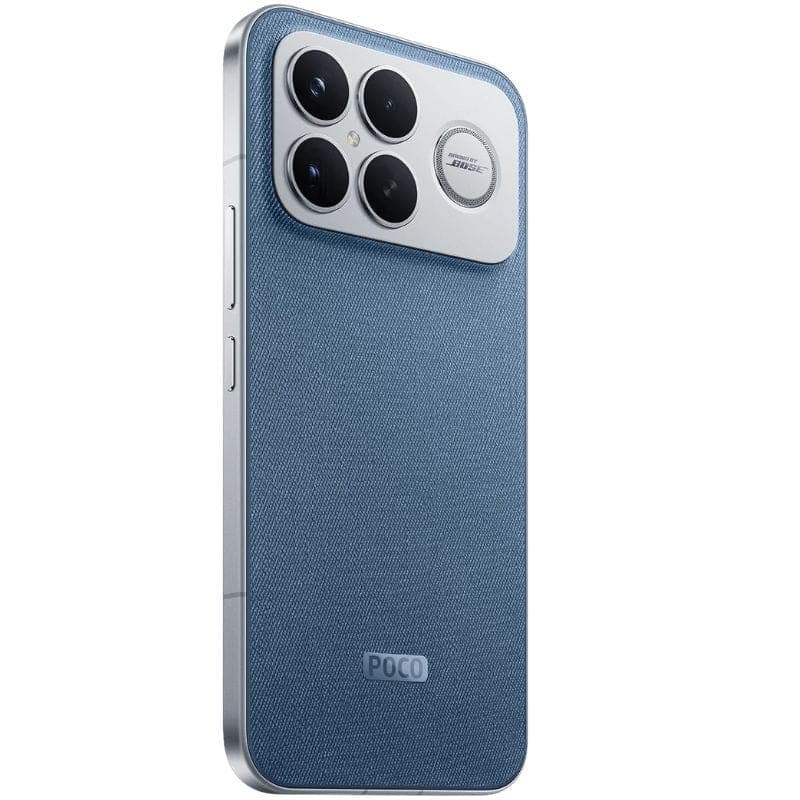 Xiaomi Poco F8 Ultra 5G 16GB/512GB Blue Denim con trasera texturada azul, módulo de cámara triple grande con aro metálico y bordes planos plateados