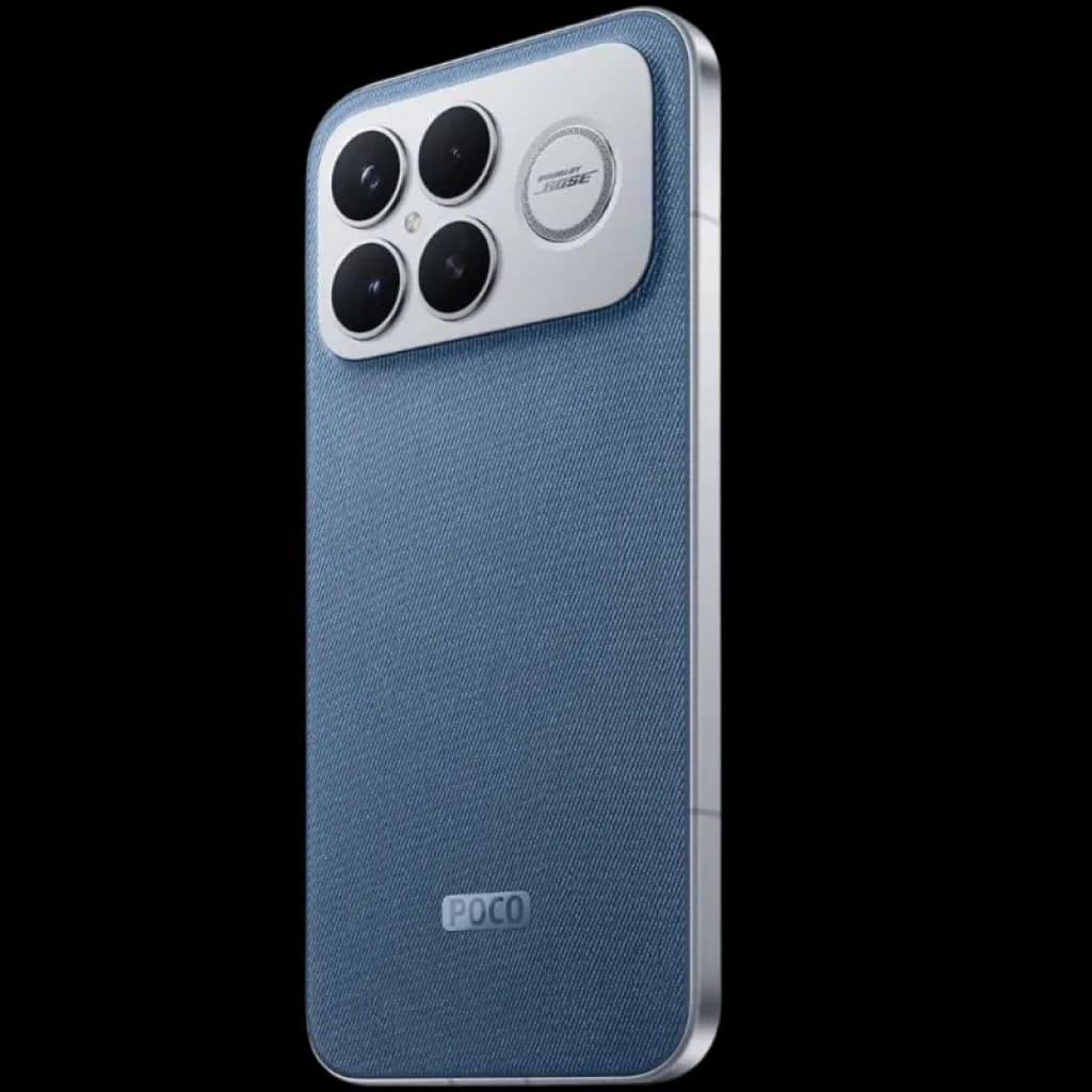 Xiaomi Poco F8 Ultra 5G 12GB/256GB Blue Denim con tapa trasera azul textil, módulo de cámara cuadrado plateado con tres lentes grandes y bordes metálicos