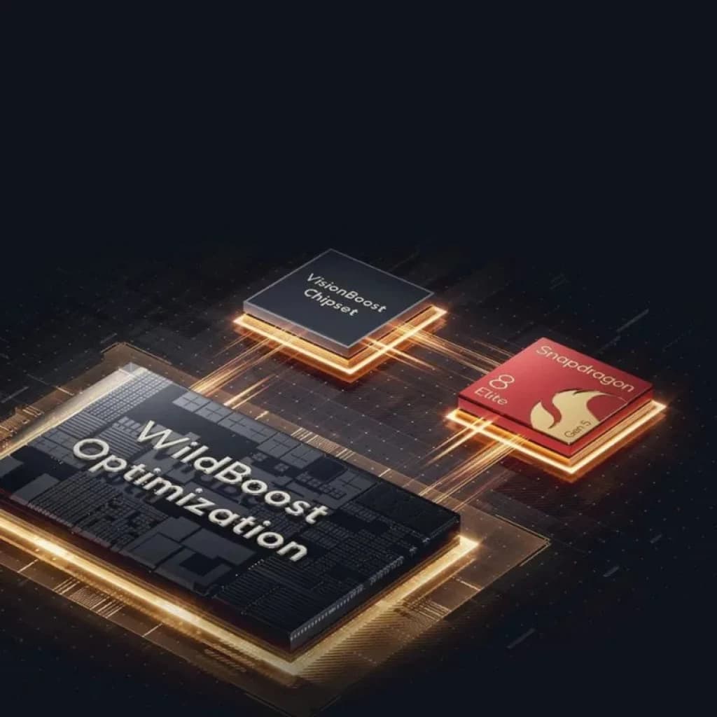 Módulos de chip en placa: Snapdragon 8 Elite rojo, VirginBeast Chipper negro y WildBeast Optimization conectados por trazas doradas, estilo futurista