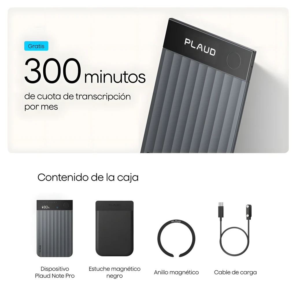 Grabadora de voz Plaud Note Pro 64GB con carcasa gris estriada, panel superior negro con logo Plaud, botón circular discreto y puerto USB-C para conexión - Ítem5
