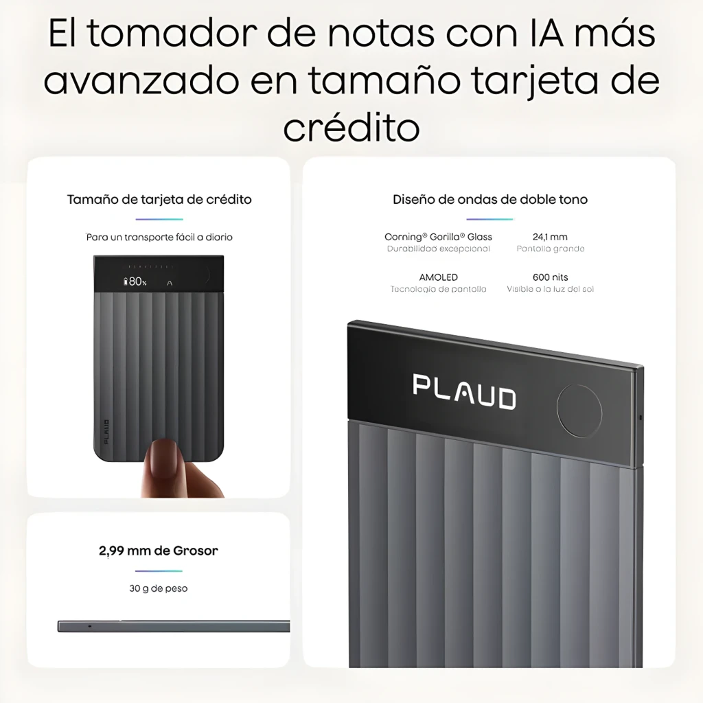 Grabadora de voz Plaud Note Pro 64GB con carcasa gris estriada, panel superior negro con logo Plaud, botón circular discreto y puerto USB-C para conexión - Ítem4