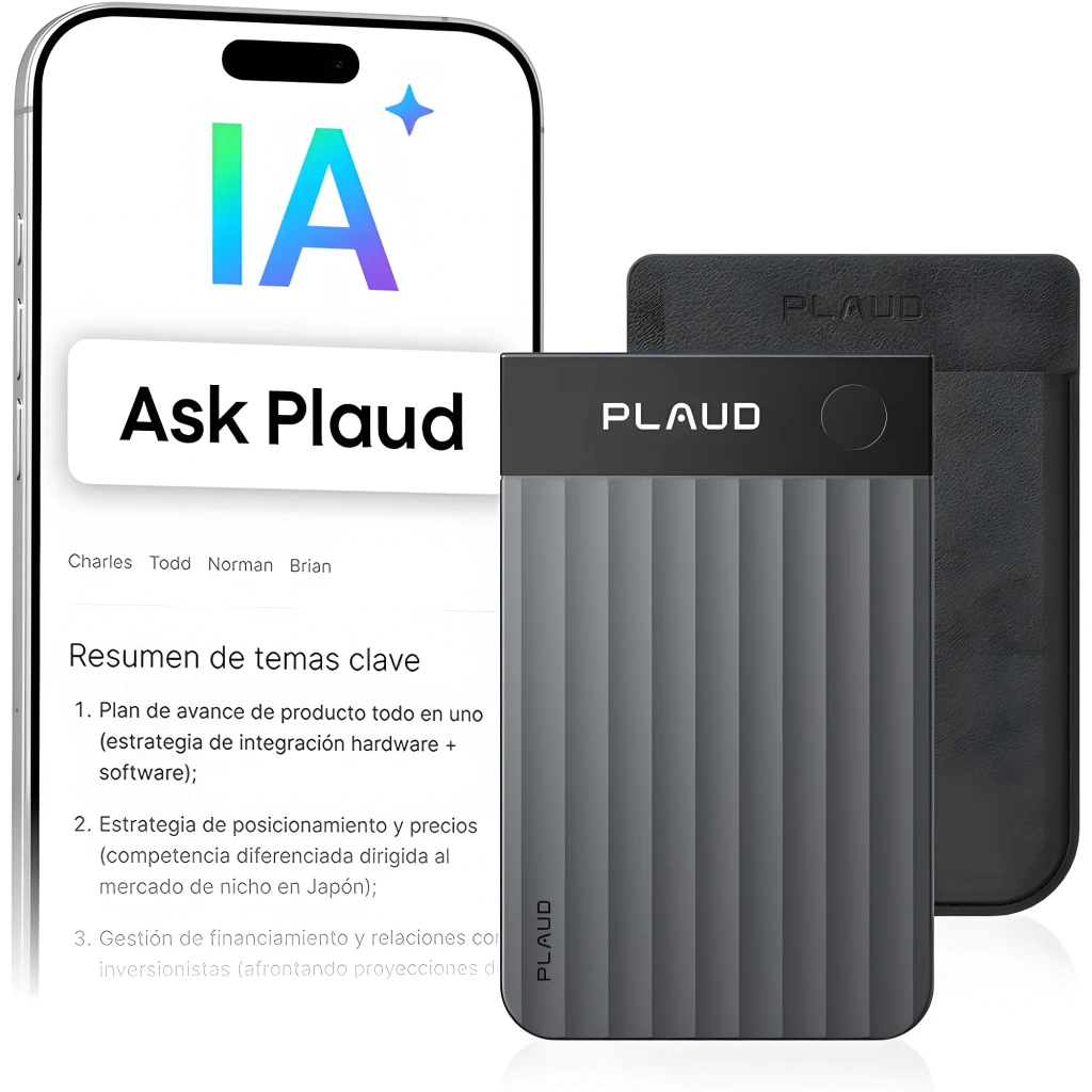 Grabadora de voz Plaud Note Pro 64GB con carcasa gris estriada, panel superior negro con logo Plaud, botón circular discreto y puerto USB-C para conexión - Ítem3