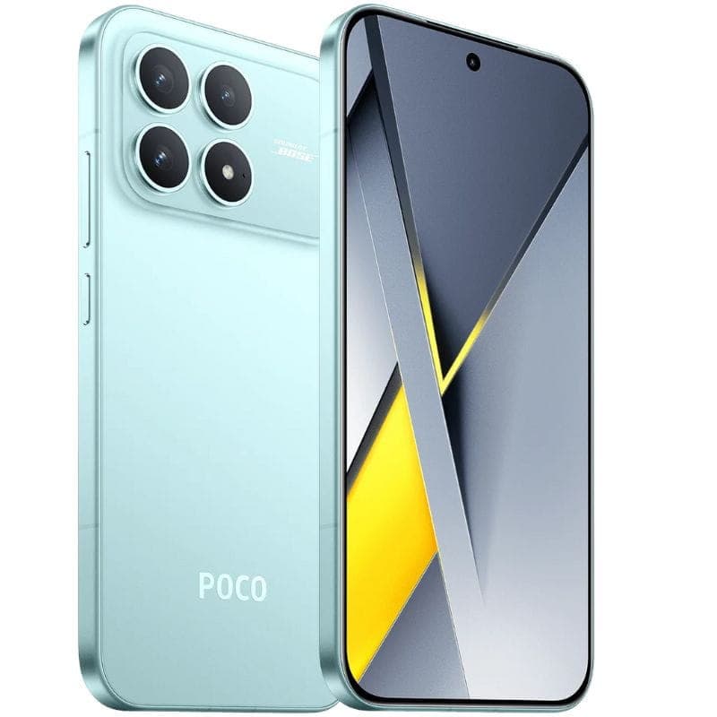 Xiaomi Poco F8 Pro 5G 12GB/512GB Azul con chip Snapdragon 8 Elite destacado en rojo y dorado, emblema de fuego dorado sobre fondo degradado elegante