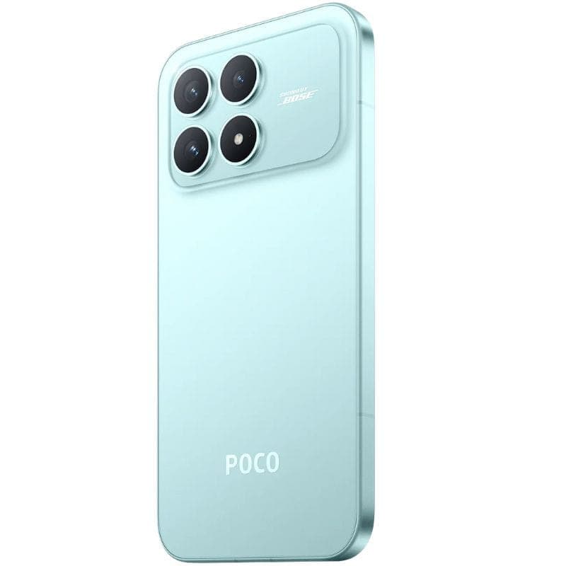 Xiaomi Poco F8 Pro 5G 12GB/512GB Azul con módulo trasero plateado, 4 cámaras grandes y sello Sound by Bose; diseño resistente a salpicaduras y elegante.
