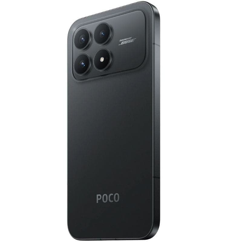 Xiaomi Poco F8 Pro 5G 12GB/512GB Negro con módulo trasero plata, cuatro cámaras grandes en esquina y gotas de agua salpicando, detalle Sound by Bose