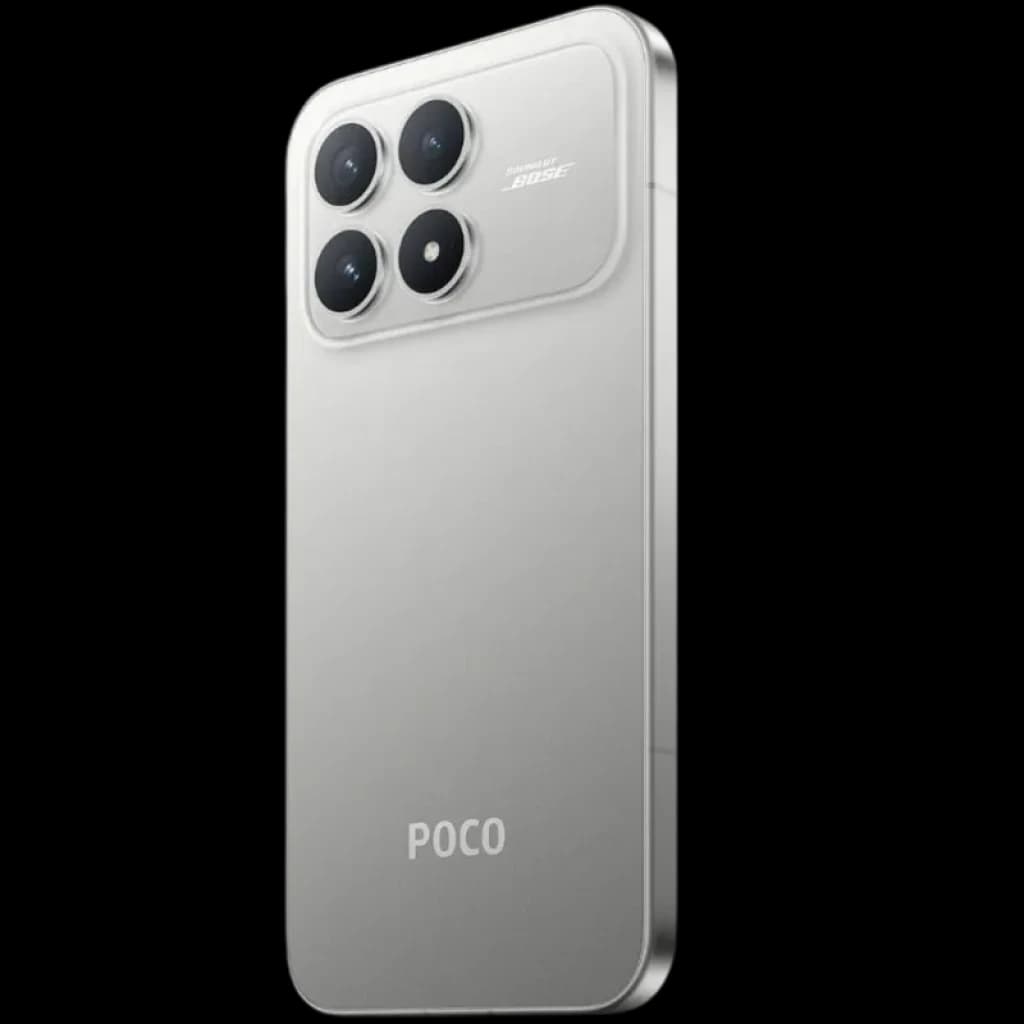 Xiaomi Poco F8 Pro 5G 12GB/256GB Plata con acabado metálico, módulo trasero cuadrado y cuatro cámaras grandes en esquina, bordes rectos y logo POCO
