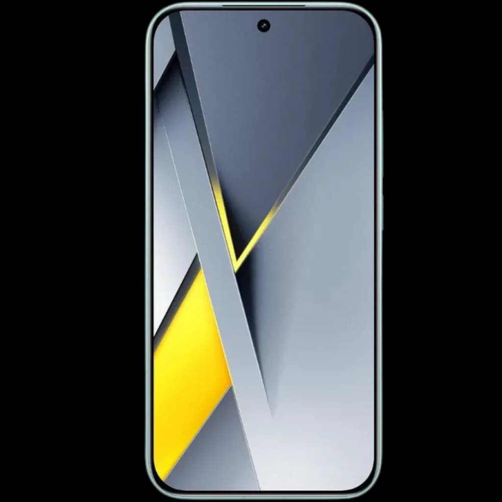 Xiaomi Poco F8 Pro 5G 12GB/256GB Azul con pantalla frontal casi sin bordes, cámara selfie central perforada y fondo gráfico gris con acento amarillo