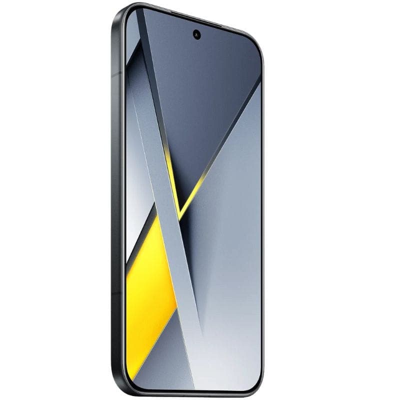 Xiaomi Poco F8 Pro 5G 12GB/256GB Negro conectado por USB-C amarillo, carga inversa entre dos móviles, pantalla perforada y bordes rectos sobre roca