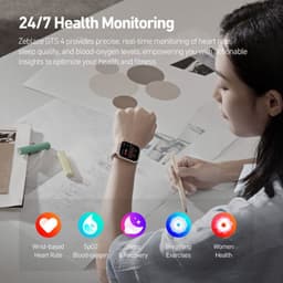 Zeblaze GTS 4 Preto - Relógio inteligente com tela retangular colorida, pulseira silicone preta, mostrador com métricas de saúde e ícones de monitoramento