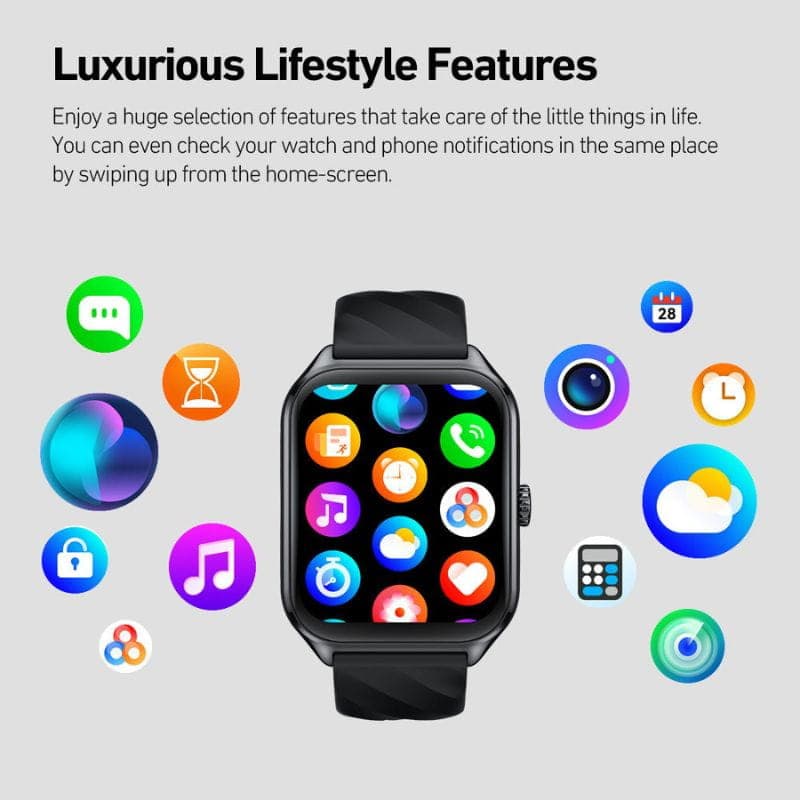 Zeblaze GTS 4 Preto - Relógio inteligente com tela colorida, mostrador retangular, pulseira preta em silicone e ícones de apps multicoloridos na interface