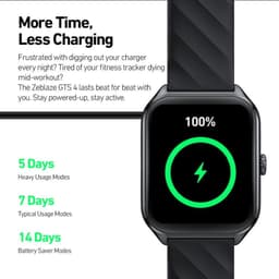 Zeblaze GTS 4 Preto – relógio inteligente com tela retangular, mostrador digital, pulseira preta texturizada e indicador de bateria 100% em verde
