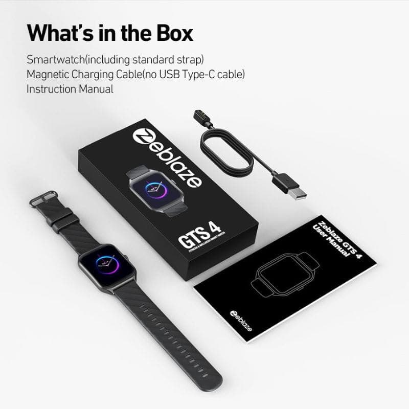 Zeblaze GTS 4 Preto - Relógio inteligente com tela quadrada, pulseira preta, cabo de carregamento magnético e manual inclusos