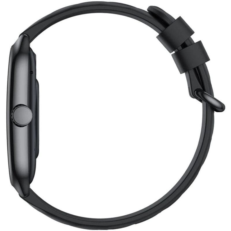 Zeblaze GTS 4 Preto - Relógio inteligente com caixa fina, botão lateral redondo, perfil metálico escuro e pulseira de silicone preta com fecho duplo