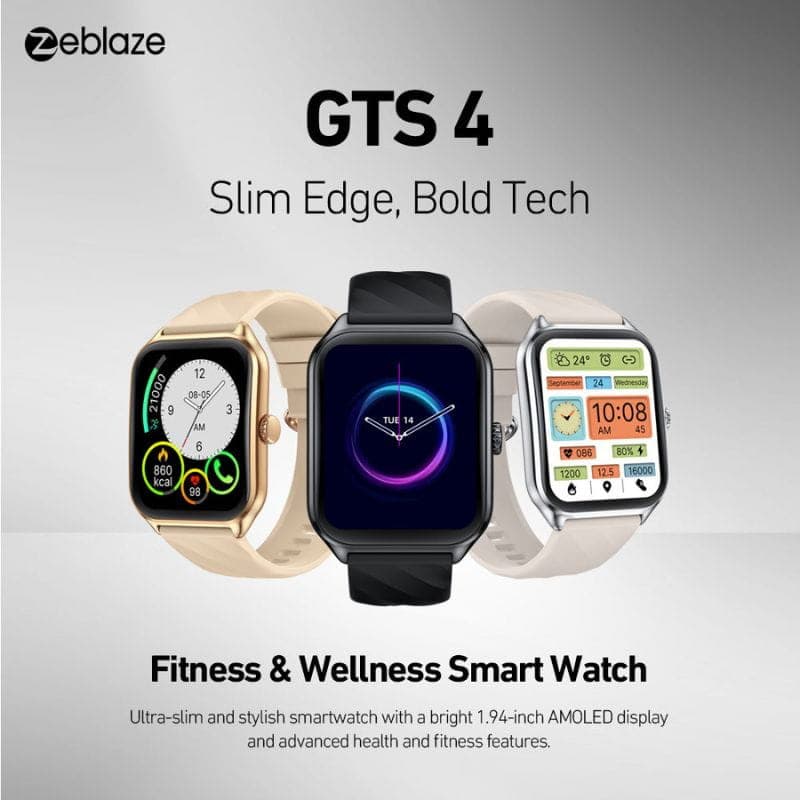 Zeblaze GTS 4 Prateado - Relógio Inteligente com caixa metálica prateada, tela AMOLED retangular 1,94 pol, pulseira clara e mostradores coloridos