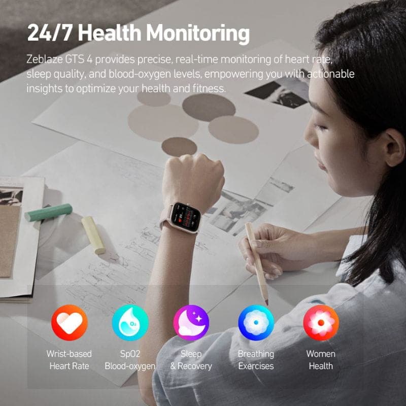 Zeblaze GTS 4 Prateado - Relógio Inteligente com caixa prata, tela retangular colorida, pulseira esportiva, mostrador com widgets e ícones de saúde 24/7