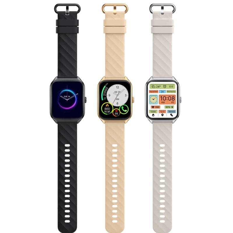 Zeblaze GTS 4 Prateado - Relógio Inteligente com caixa retangular prateada, três pulseiras em silicone preto, bege e branco, mostradores coloridos e tela