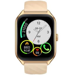 Zeblaze GTS 4 Dourado - Relógio Inteligente com caixa dourada, tela retangular colorida, mostrador analógico digital, pulseira bege e ícones de saúde