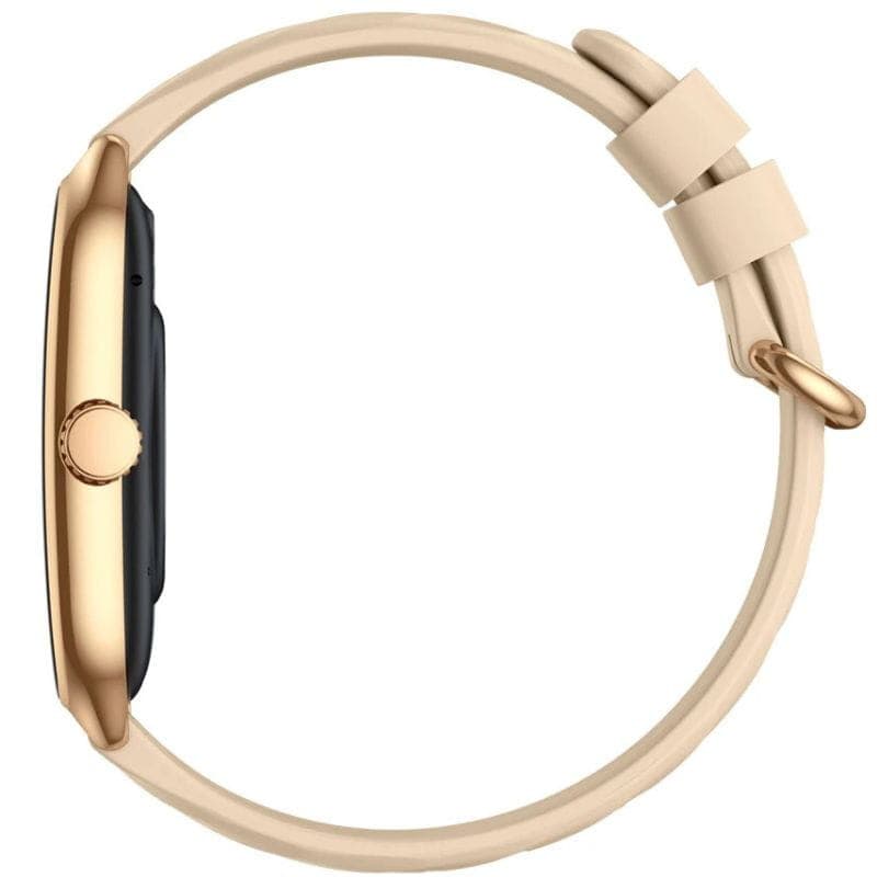 Zeblaze GTS 4 Dourado - Relógio Inteligente com caixa dourada fina, coroa lateral, tela preta e pulseira silicone bege com fivela metálica elegante