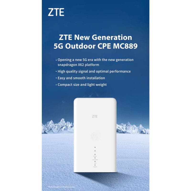 ZTE MC889 ODU 5G – CPE externa compacta e leve, cor branca, LEDs frontais de status, design minimalista para instalação fácil e sinal 5G otimizado