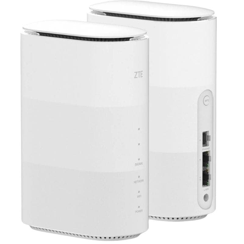 ZTE MC888B 5G LTE Router branco, design vertical. LEDs de status na frente, portas LAN, PHONE, WAN e botão WPS atrás. Acabamento minimalista.