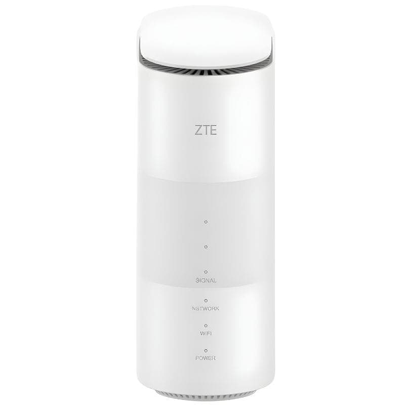 ZTE MC888B 5G LTE Router branco em torre, design minimalista com LEDs frontais de status para sinal, rede, Wi‑Fi e energia, grelhas superiores de ventilação