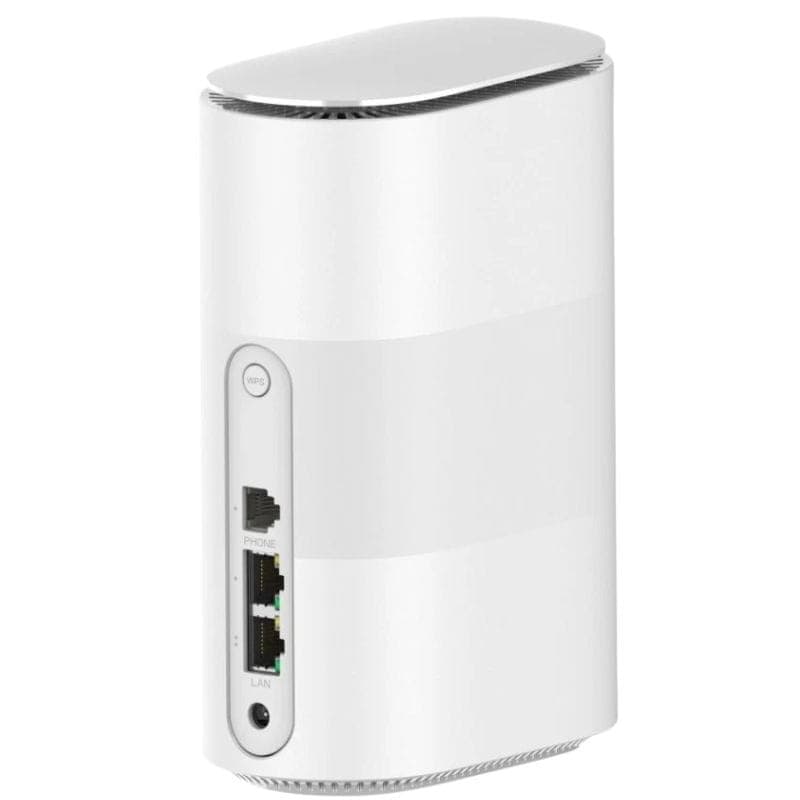 ZTE MC888B 5G LTE Router branco vertical com design curvo, grelha superior prateada, portas LAN e PHONE laterais e botão WPS para conexão rápida